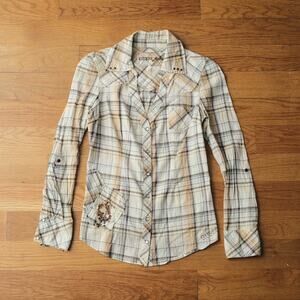 Vintage Y2K Guess Beige Brown Checkered Cotton Blouse Size XS V-Neck Snap Button